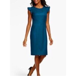 Talbots Sheath Dress 14P Blue Italian Flannel Short Ruffle Sleeve Career Church